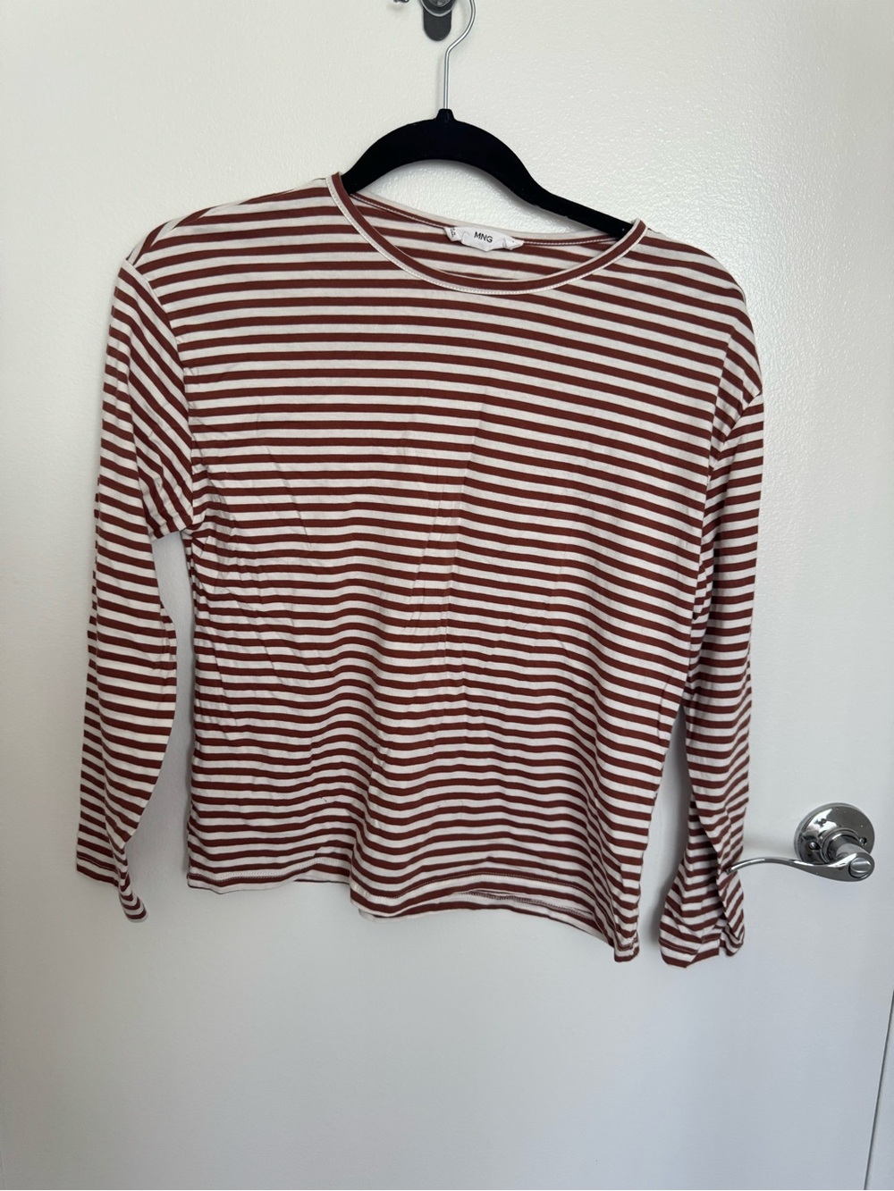 Mango Brown and White Striped Long-Sleeve Crewneck Top